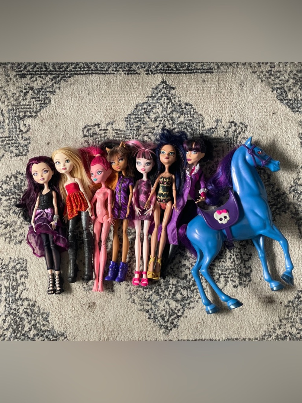 monster high and Ever after high Dolls bundle with blue Horse